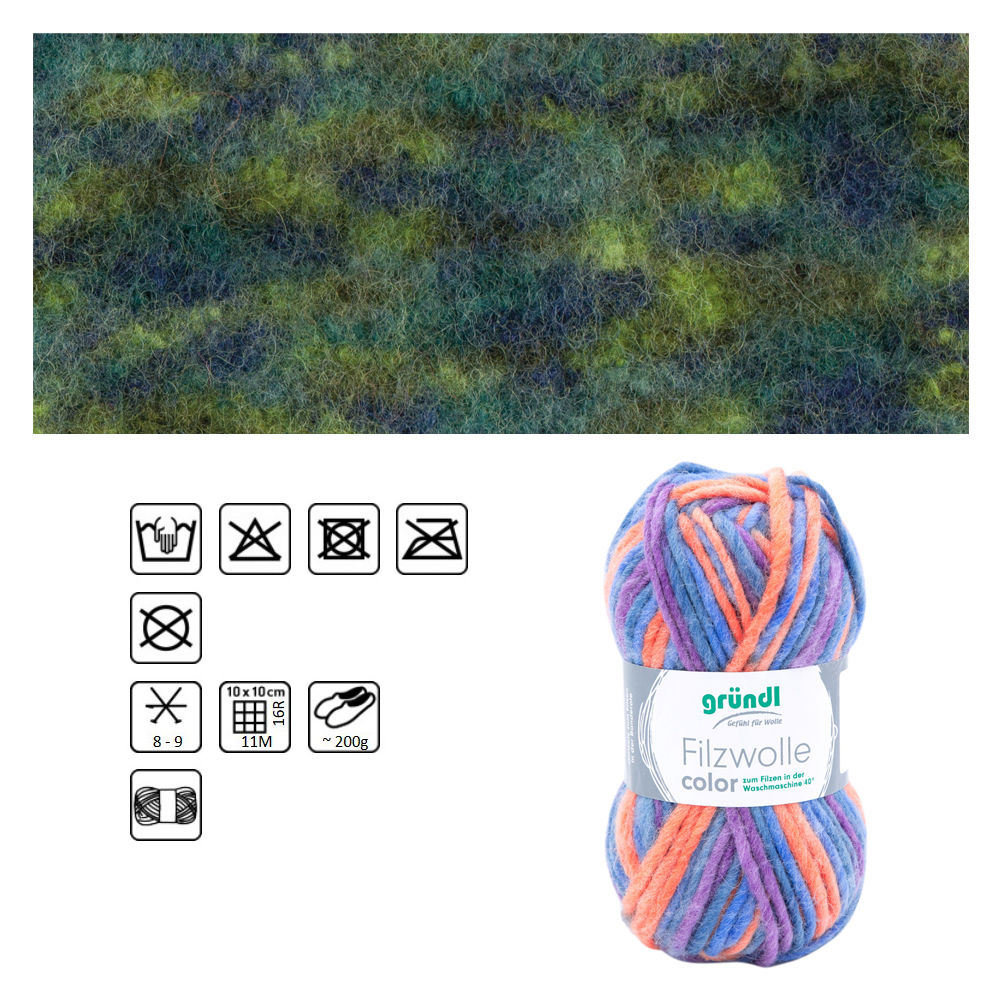 Filzwolle Color, 100% Schurwolle, Oeko-Tex-Standard, 50g, 50m, Farbe 22, Grün-Mix