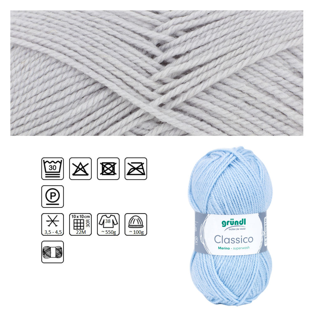 Classico Schurwolle, 50% Merino, 50% Polyacryl, 50g / 120m, Farbe 03, hellgrau