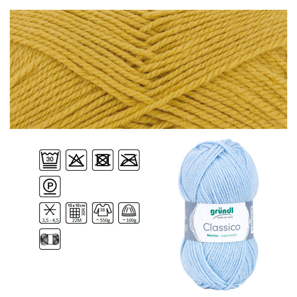 Classico Schurwolle, 50% Merino, 50% Polyacryl, 50g / 120m, Farbe 15, senf