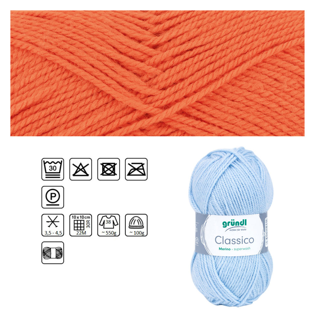 Classico Schurwolle, 50% Merino, 50% Polyacryl, 50g / 120m, Farbe 16, orange