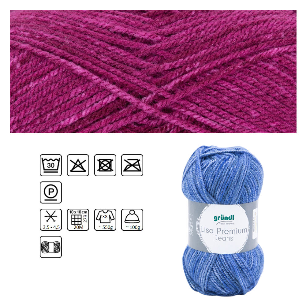 Strickgarn Lisa Jeans, 100% Polyacryl, Oeko-Tex Standard, 50g, 133m, Farbe 01, fuchsia meliert