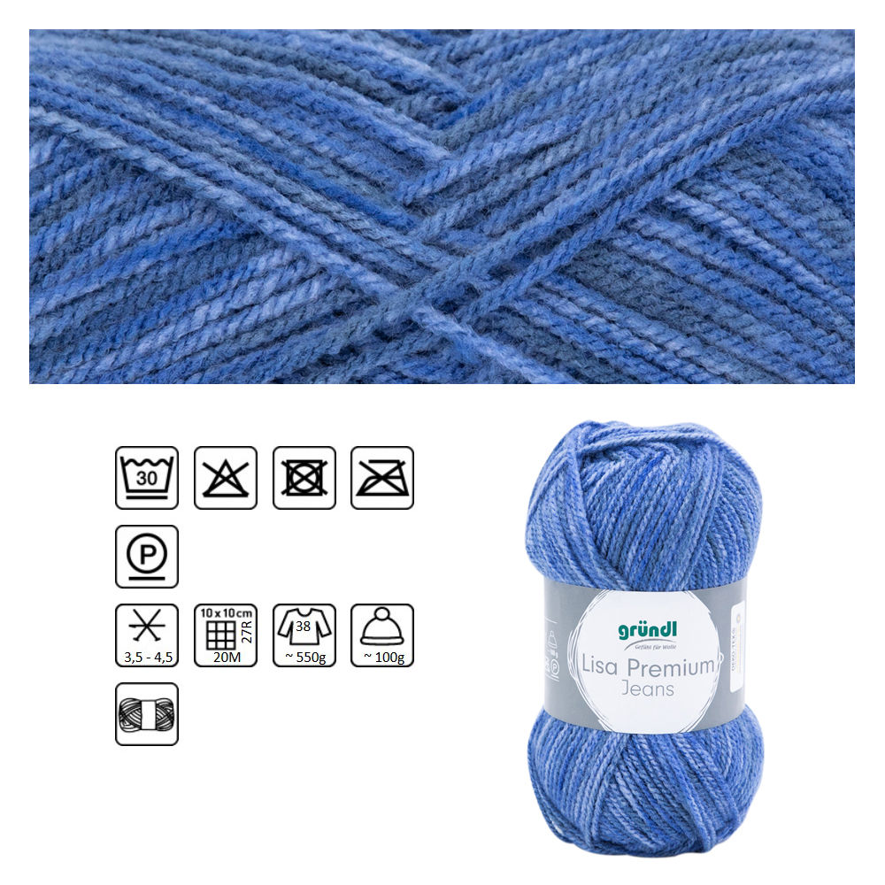 Strickgarn Lisa Jeans, 100% Polyacryl, Oeko-Tex Standard, 50g, 133m, Farbe 06, jeansblau meliert