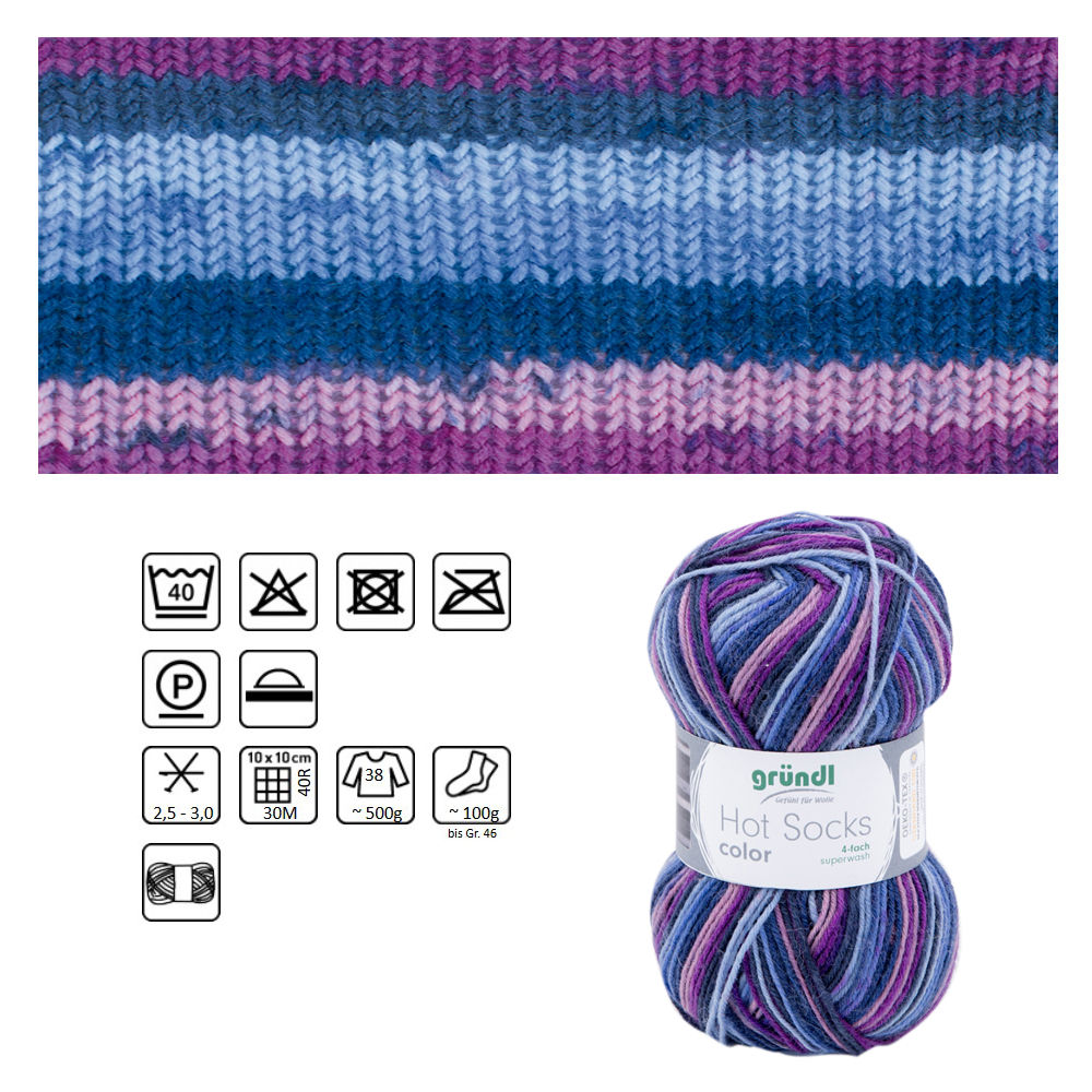 Strumpfwolle Hot Socks color, 75% Schurwolle, 25% Polyamid, Oeko-Tex Standard, 50g, 210m, Farbe 406, violet