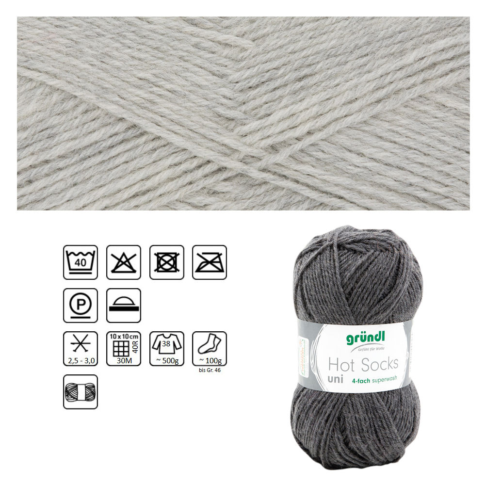 Strumpfwolle Hot Socks uni 50, 75% Schurwolle, 25% Polyamid, Oeko-Tex Standard, 50g, 210m, Farbe 02, grau