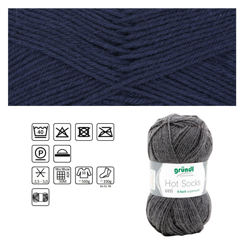 Strumpfwolle Hot Socks uni 50, 75% Schurwolle, 25% Polyamid, Oeko-Tex Standard, 50g, 210m, Farbe 15, marine