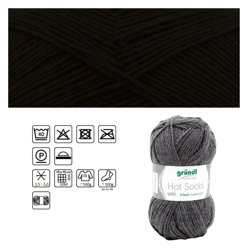 Strumpfwolle Hot Socks uni 50, 75% Schurwolle, 25% Polyamid, Oeko-Tex Standard, 50g, 210m, Farbe 18, schwarz