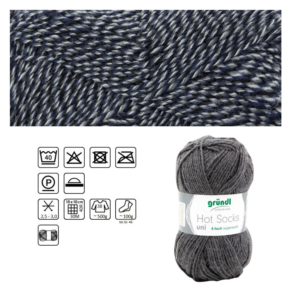 Strumpfwolle Hot Socks uni 50, 75% Schurwolle, 25% Polyamid, Oeko-Tex Standard, 50g, 210m, Farbe 27, marine-grau mouline