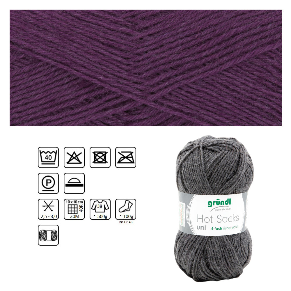 Strumpfwolle Hot Socks uni 50, 75% Schurwolle, 25% Polyamid, Oeko-Tex Standard, 50g, 210m, Farbe 60, hyazinth meliert