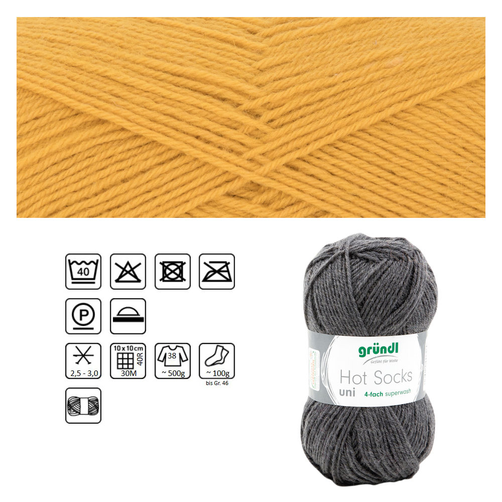 Strumpfwolle Hot Socks uni 50, 75% Schurwolle, 25% Polyamid, Oeko-Tex Standard, 50g, 210m, Farbe 69, curry