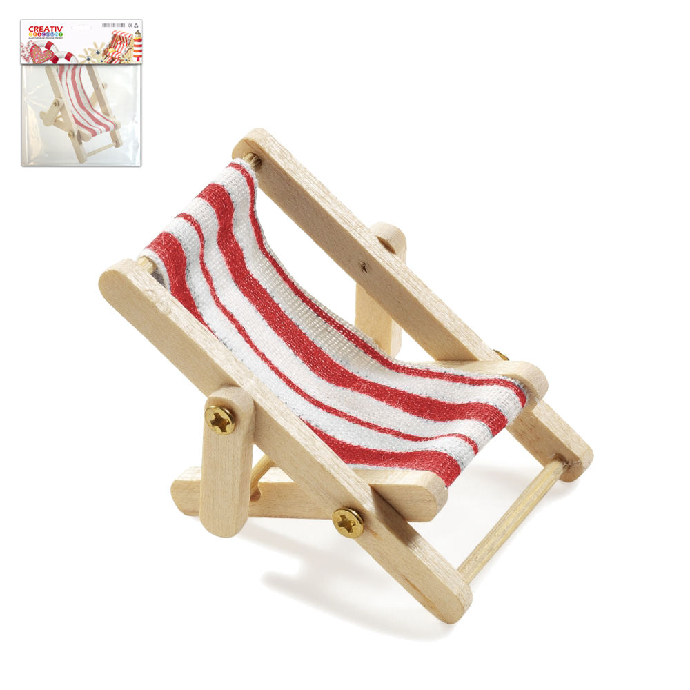 Mini Liegestuhl rot-weiß, aus Holz, 5 x 3,5cm