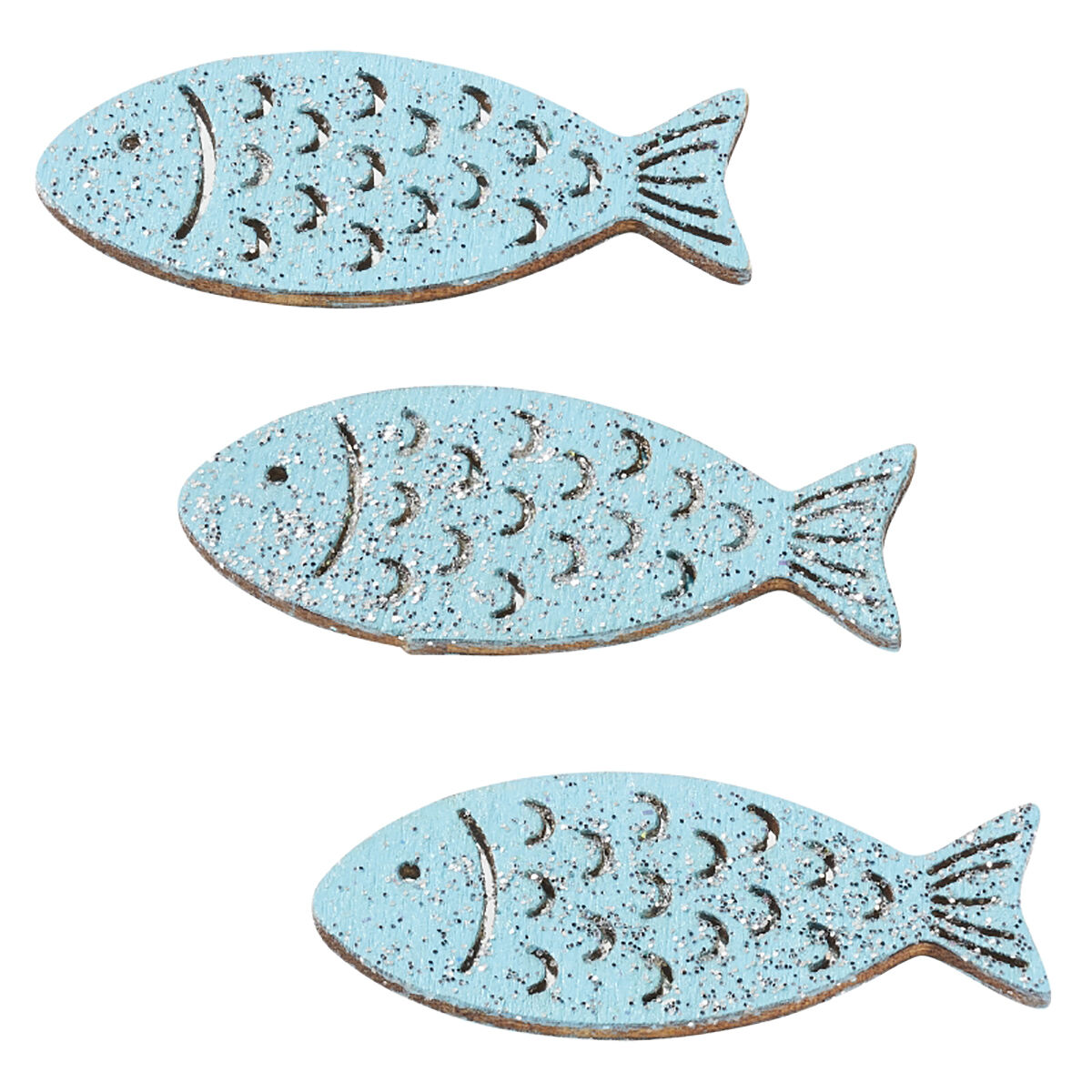 NEU Holz-Fische mit Glimmer, 40 mm, Beutel mit 6 Stck, hellblau