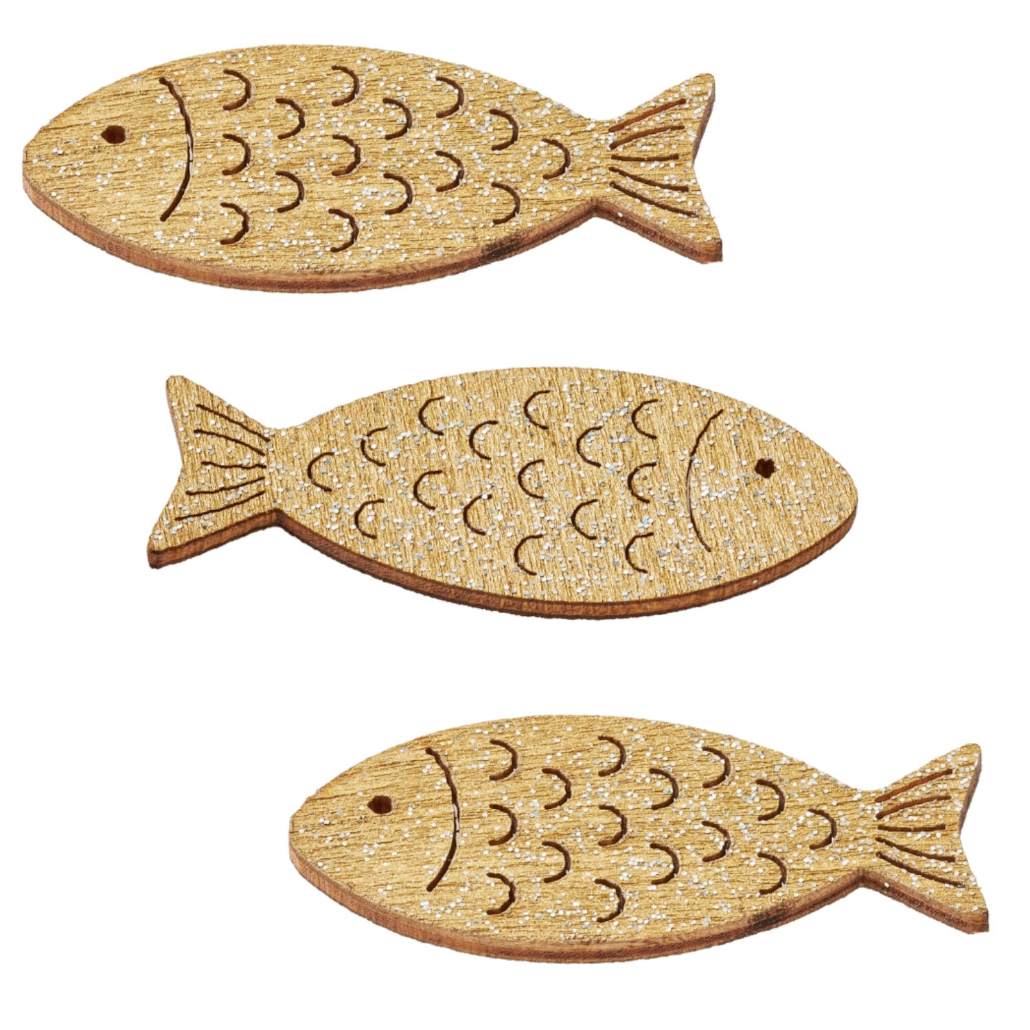 NEU Holz-Fische mit Glimmer, 40 mm, Beutel mit 6 St�ck, gold