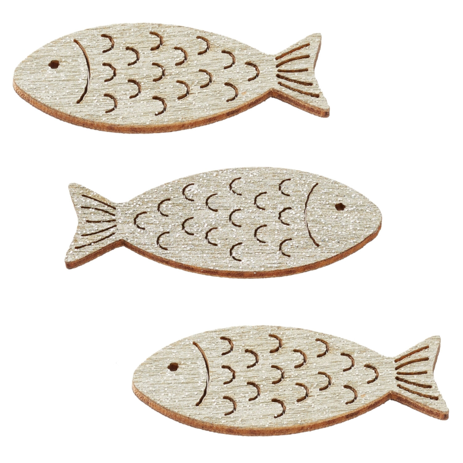 NEU Holz-Fische mit Glimmer, 40 mm, Beutel mit 6 St�ck, silber