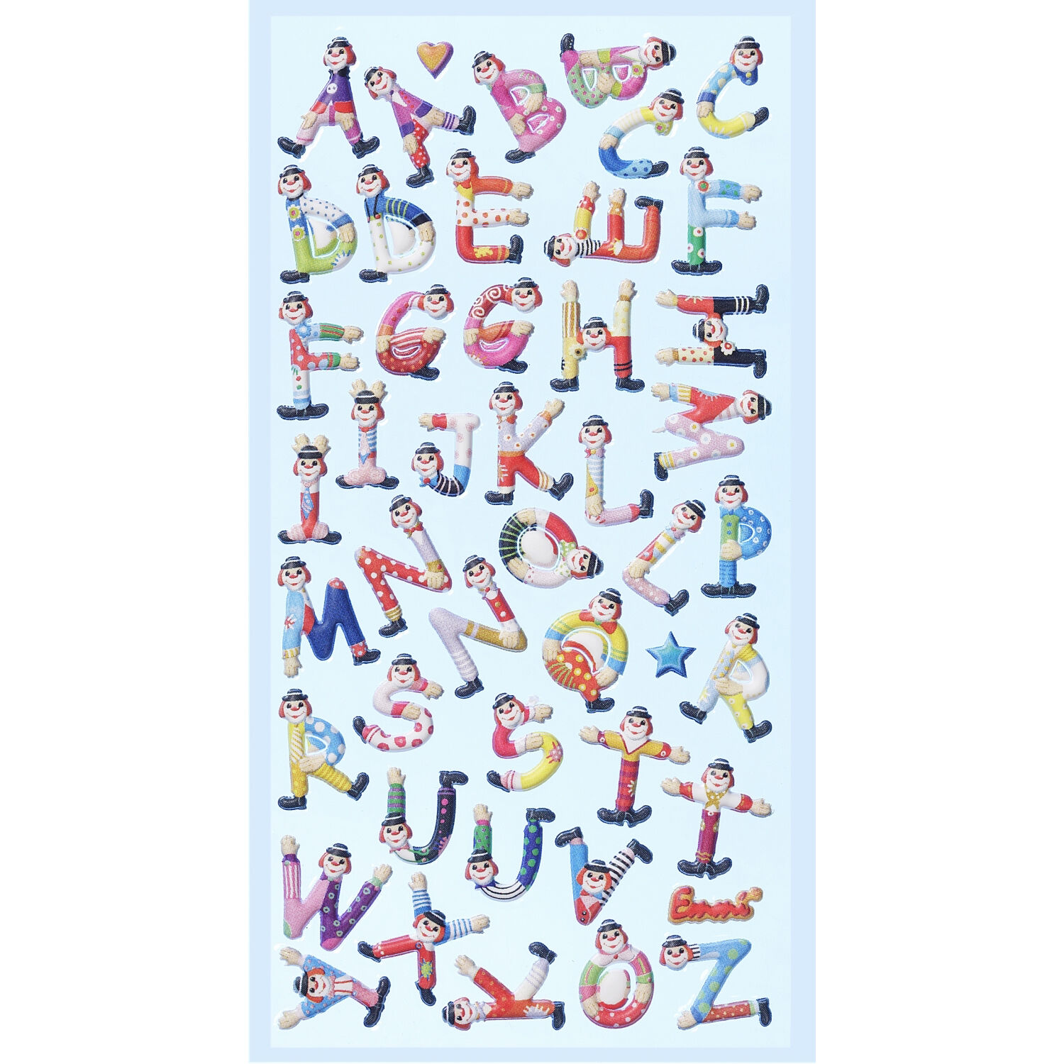 NEU SOFTY 3-D Sticker / Aufkleber, Clown-Buchstaben / Alphabet, 1 Bogen