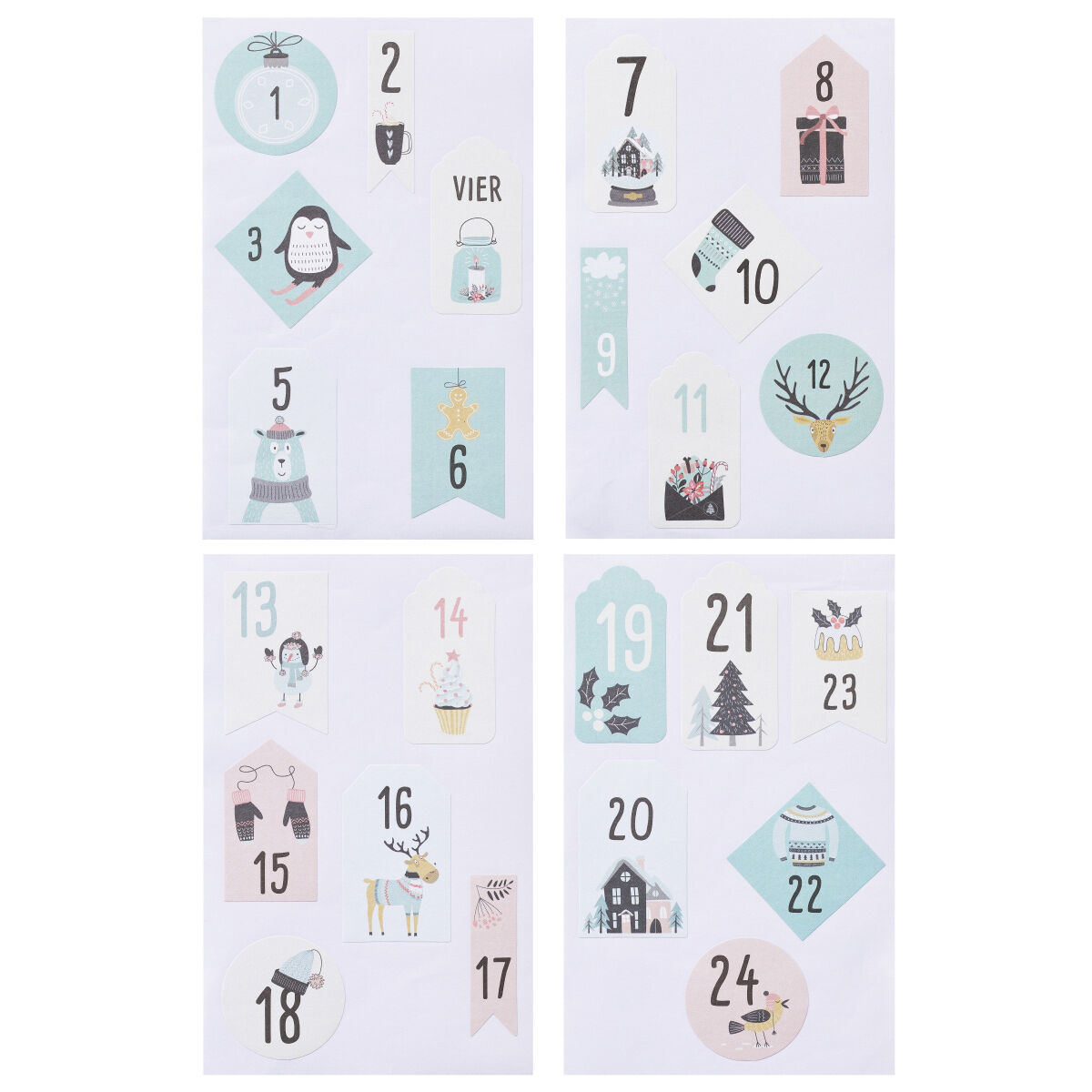 NEU Sticker Adventszahlen 1-24, pastell-bunt modern