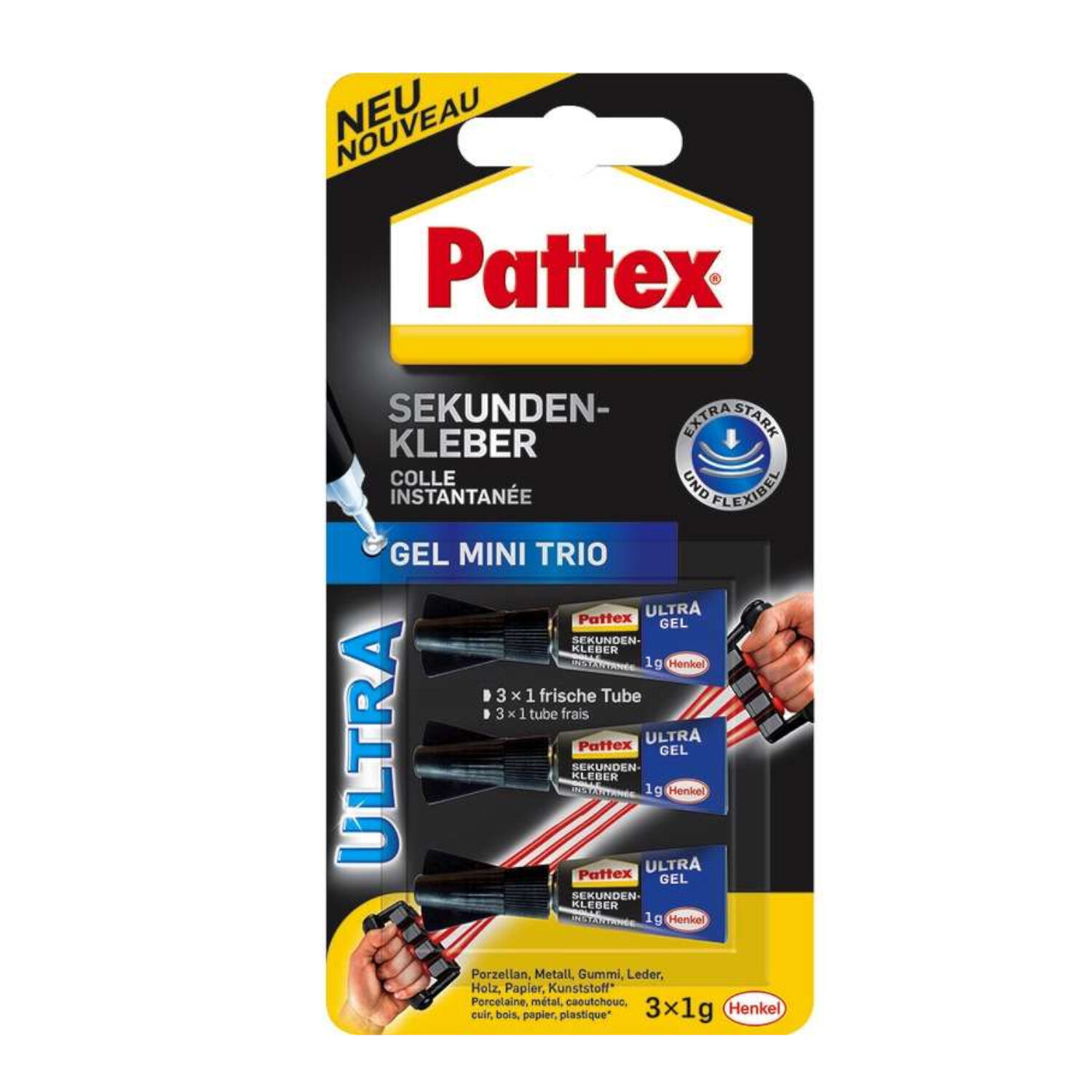 NEU Pattex Ultra Gel Sekundenkleber, Blisterpackung mit 3 x 1g Tuben