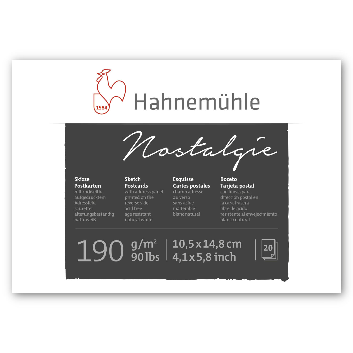 Hahnemhle Skizzenpostkartenblock, 190g/m, 10,5x14,8cm 20 Blatt