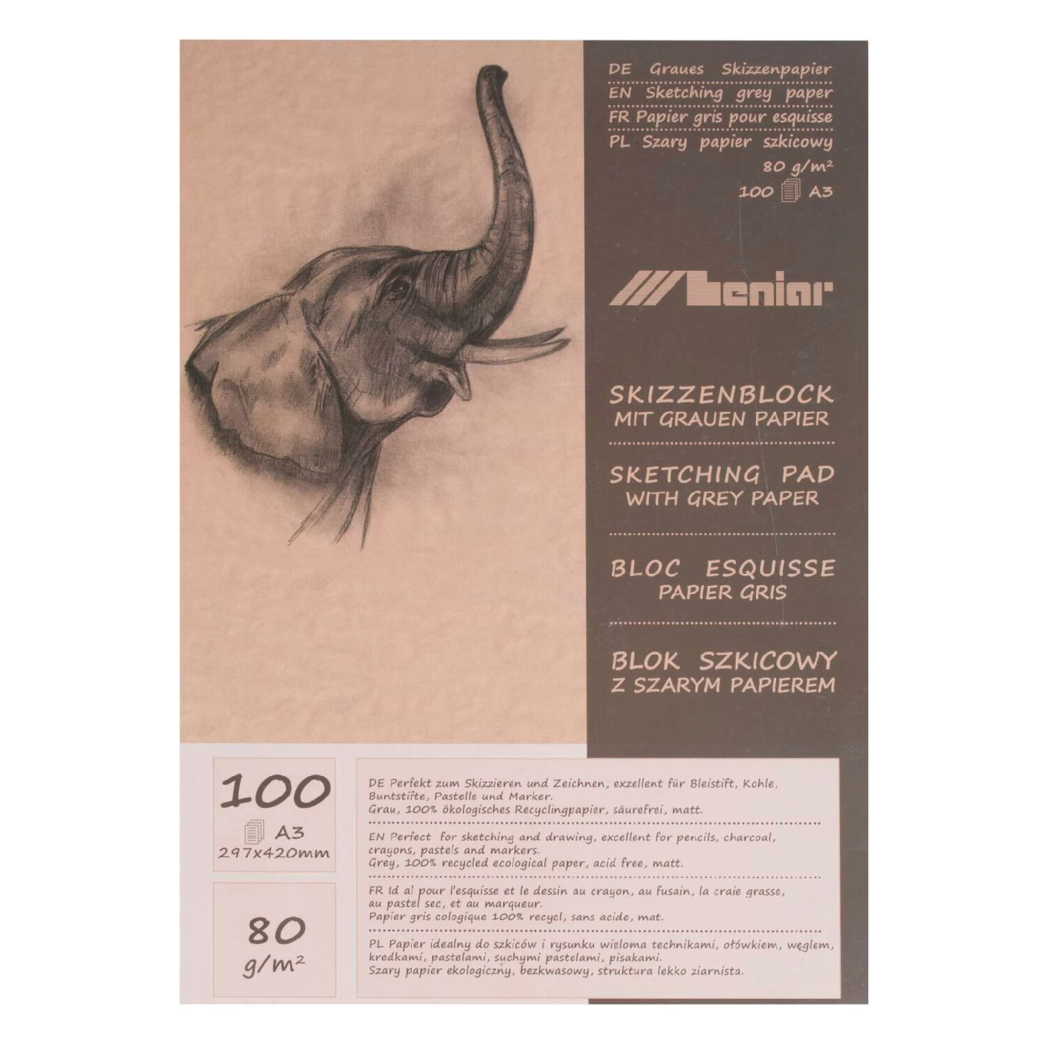 Skizzenblock A3, 80g/m 100 Blatt, Graubraun