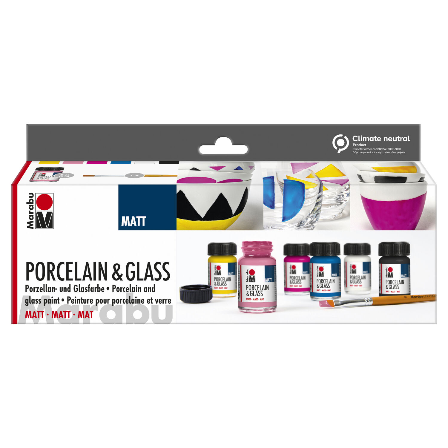 NEU Porcelain & Glass Matt, Glasmalfarbe / Porzellanfarbe Starterset, 6 x 15 ml, inklusive Pinsel