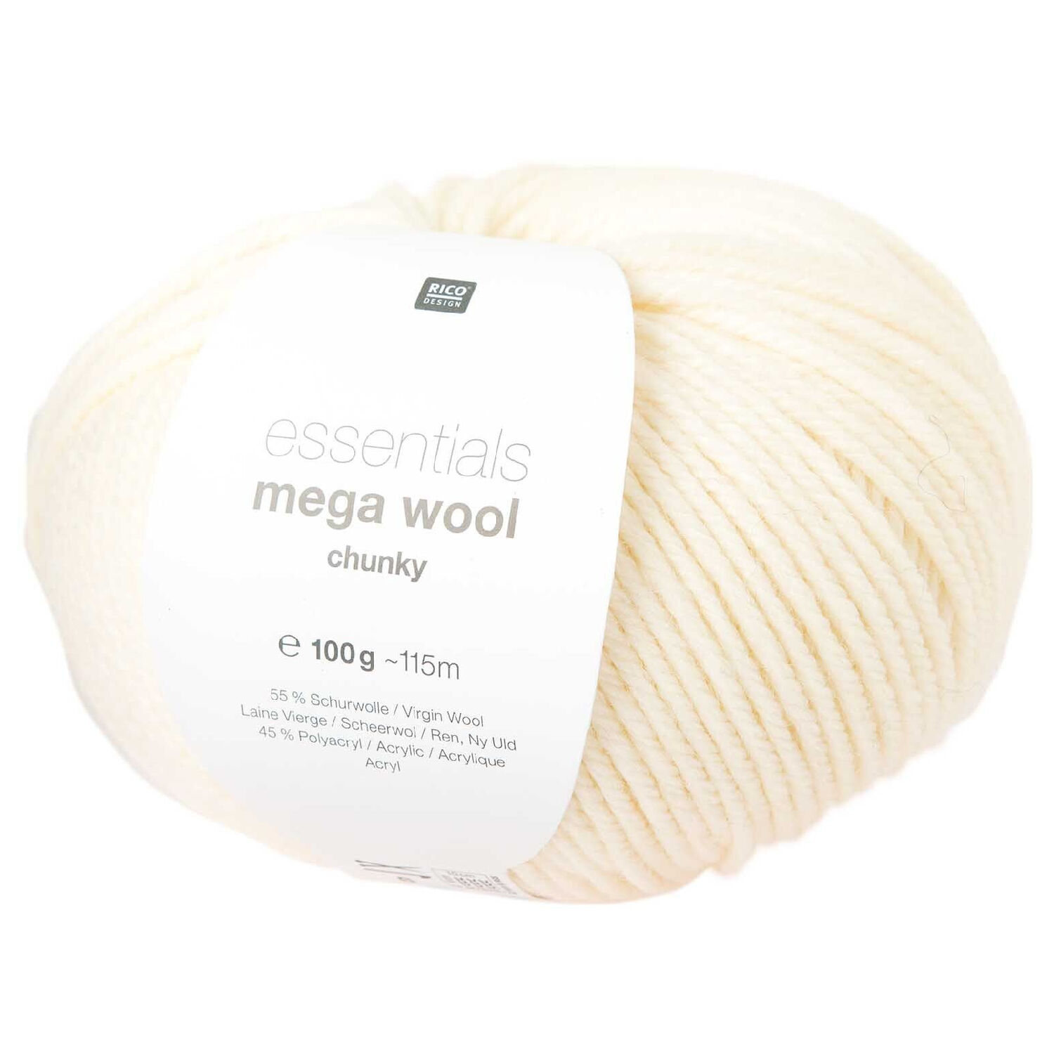 Essentials Mega Wool Chunky Strickgarn, 55% Schurwolle und 45% Polyacryl, 100 g, Creme