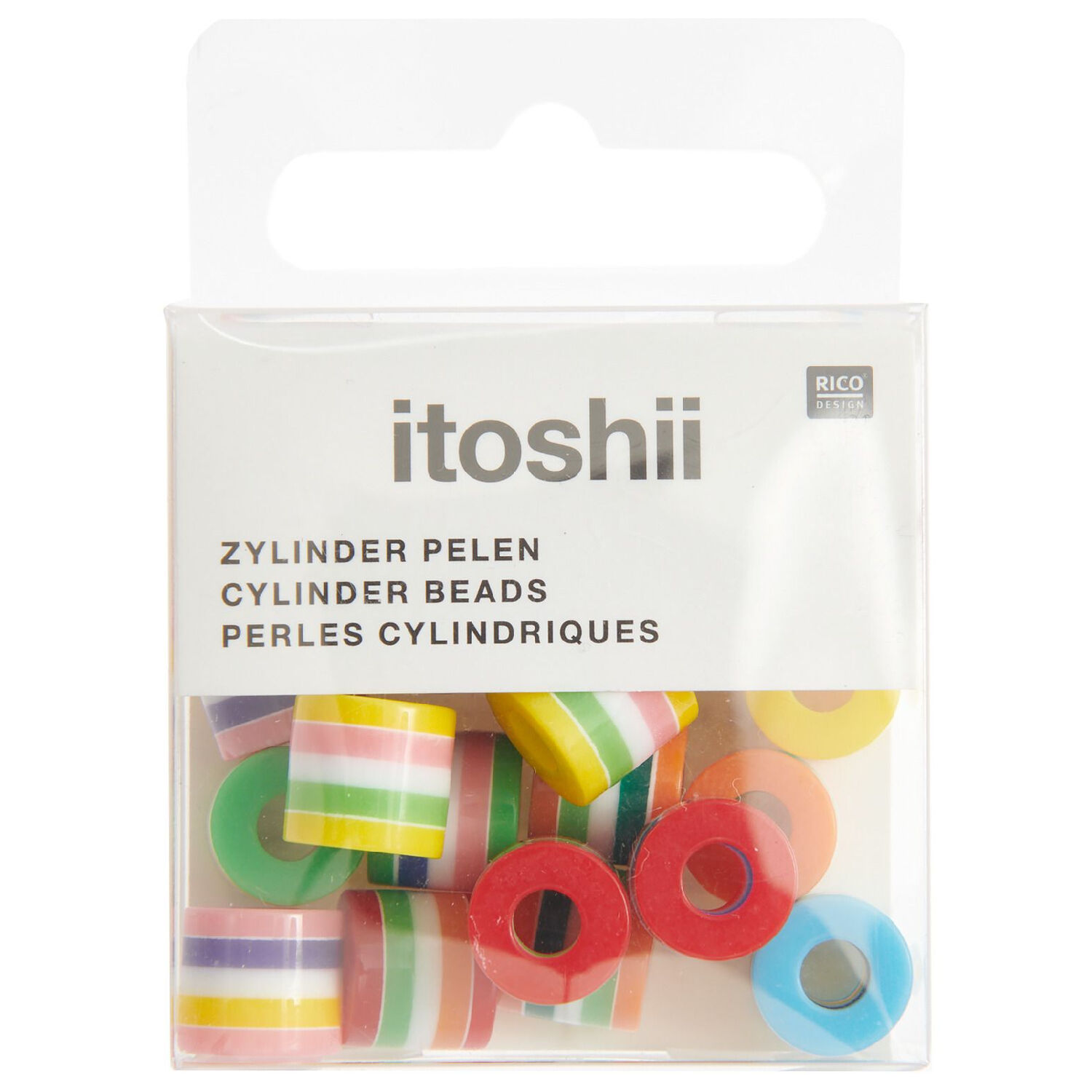 Kunststoff-Perlen, Itoshii, Zylinder gestreift, 9 x 10 mm, 21 Stk, Multicolor Bild 2