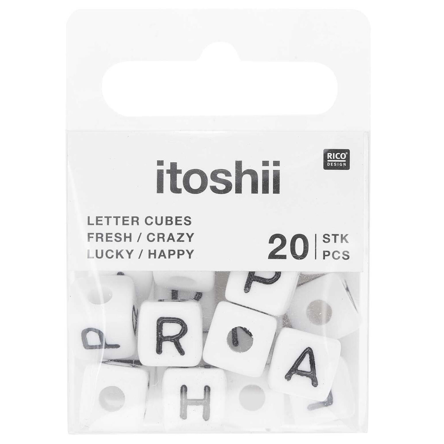 Kunststoff Wrfelperlen Set, Itoshii Ponii, 10 mm, 20 Stk, Fresh-Crazy-Lucky-Happy, Wei Bild 3