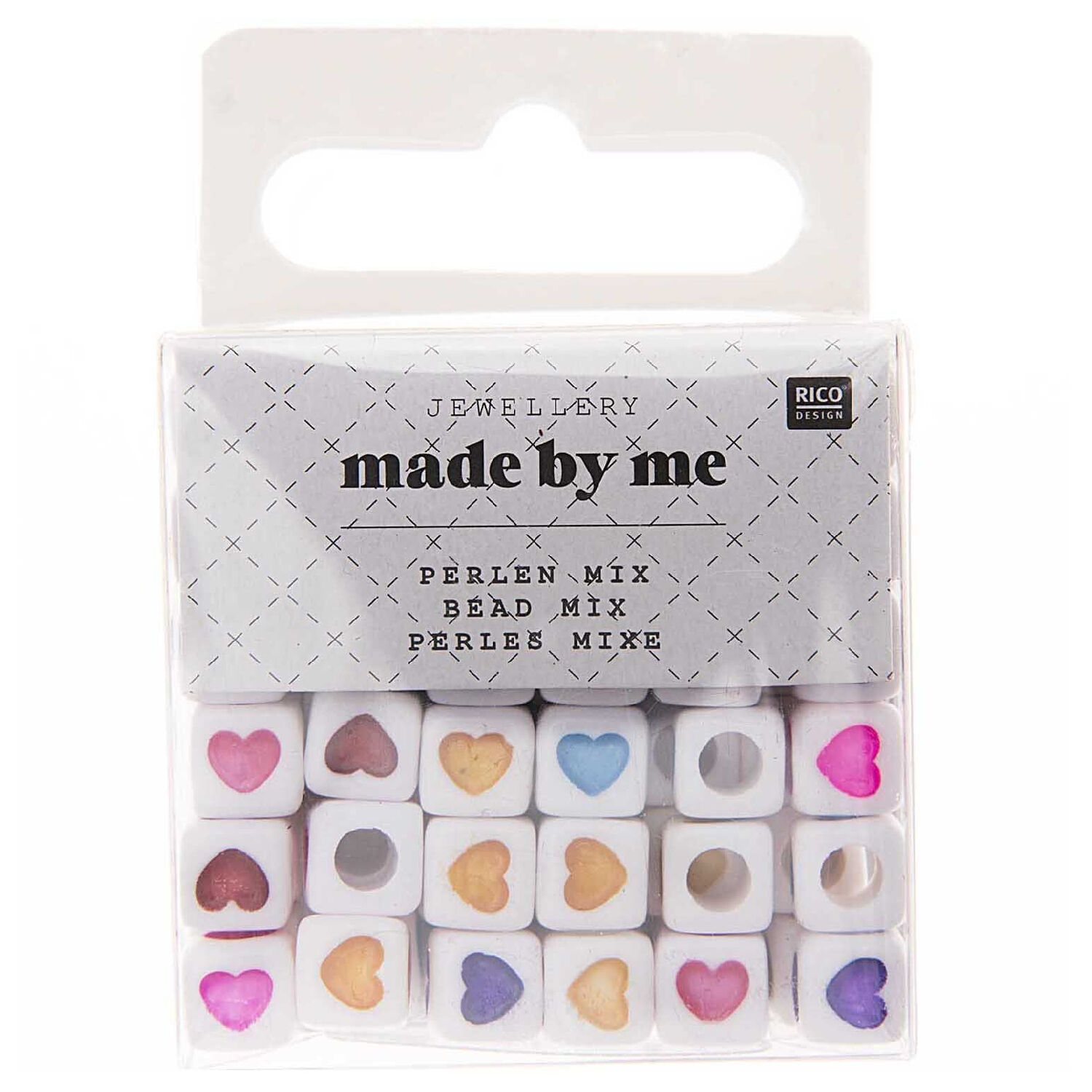 Kunststoff-Perlen, Wrfel Mix Herz, 7 x 7 x 7 mm, 72 Stk, Multicolor