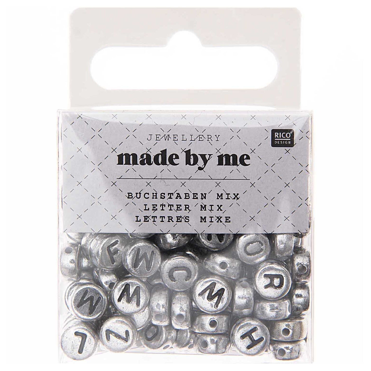 Kunststoff-Perlen, Itoshii, Buchstaben Mix, rund, 7 x 4 mm, 165 Stk, Silber