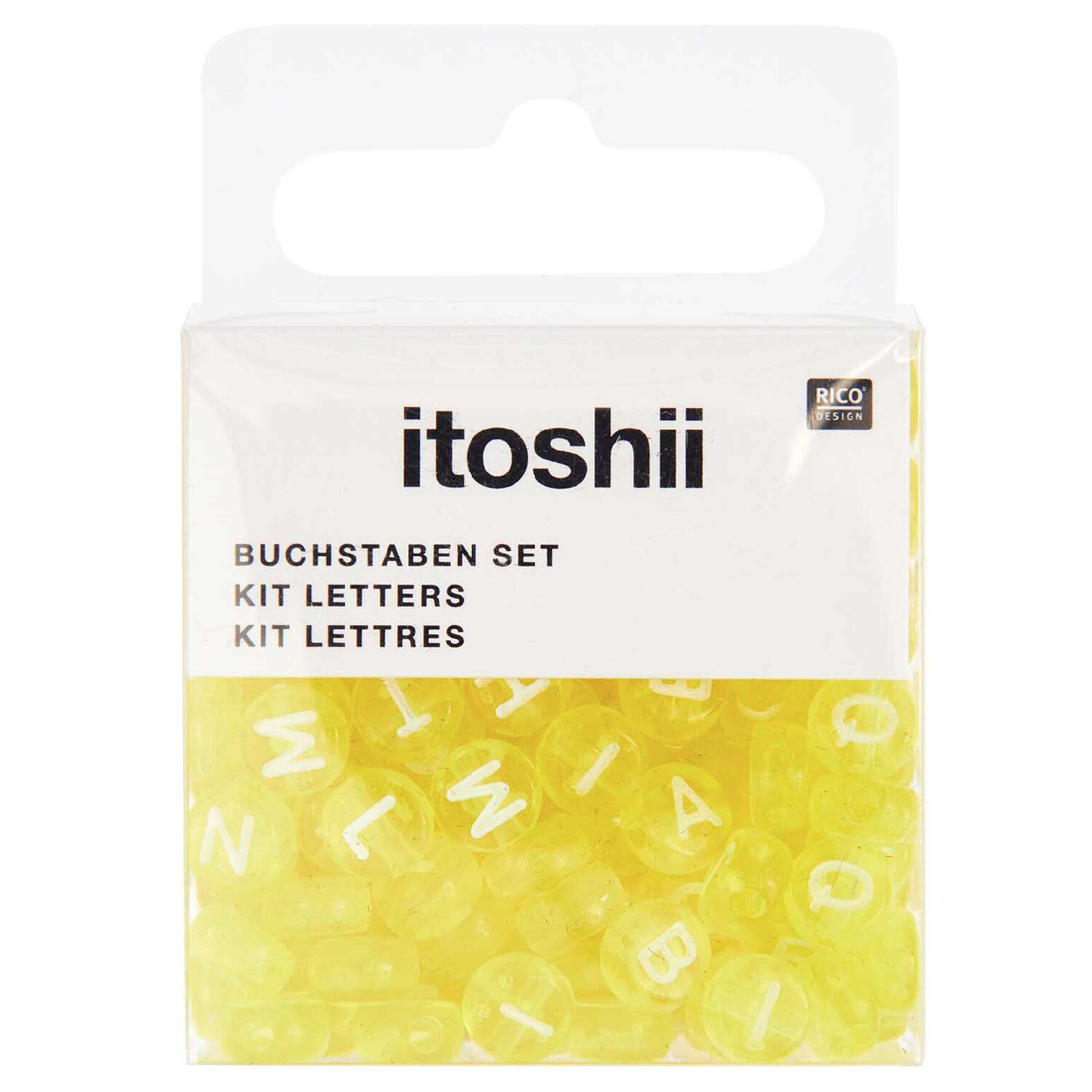 Kunststoff-Perlen Itoshii, Buchstaben, rund, transparent, 7 x 4 mm, 165 Stk, Gelb Bild 2