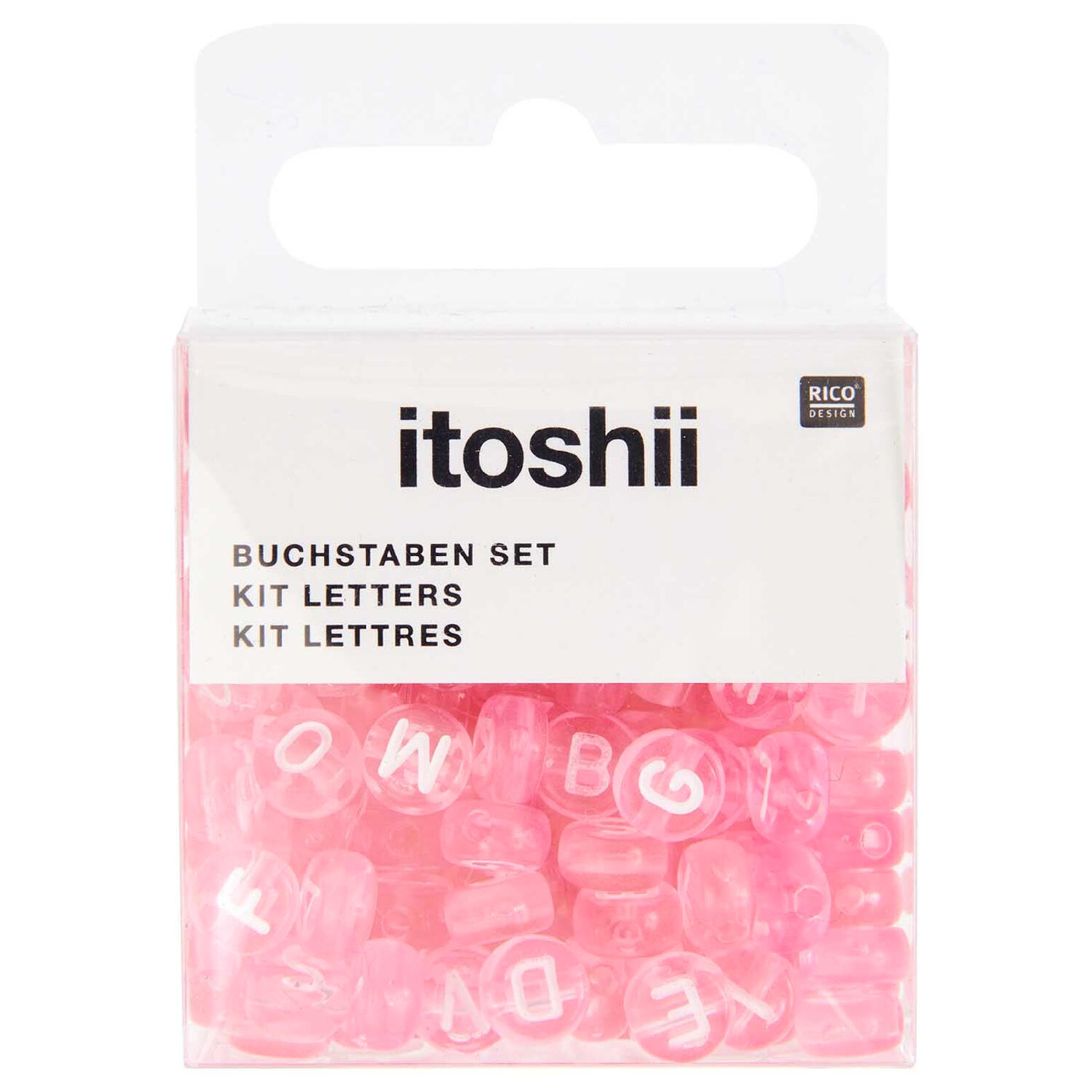Kunststoff-Perlen Itoshii, Buchstaben, rund, transparent, 7 x 4 mm, 165 Stk, Rosa Bild 2