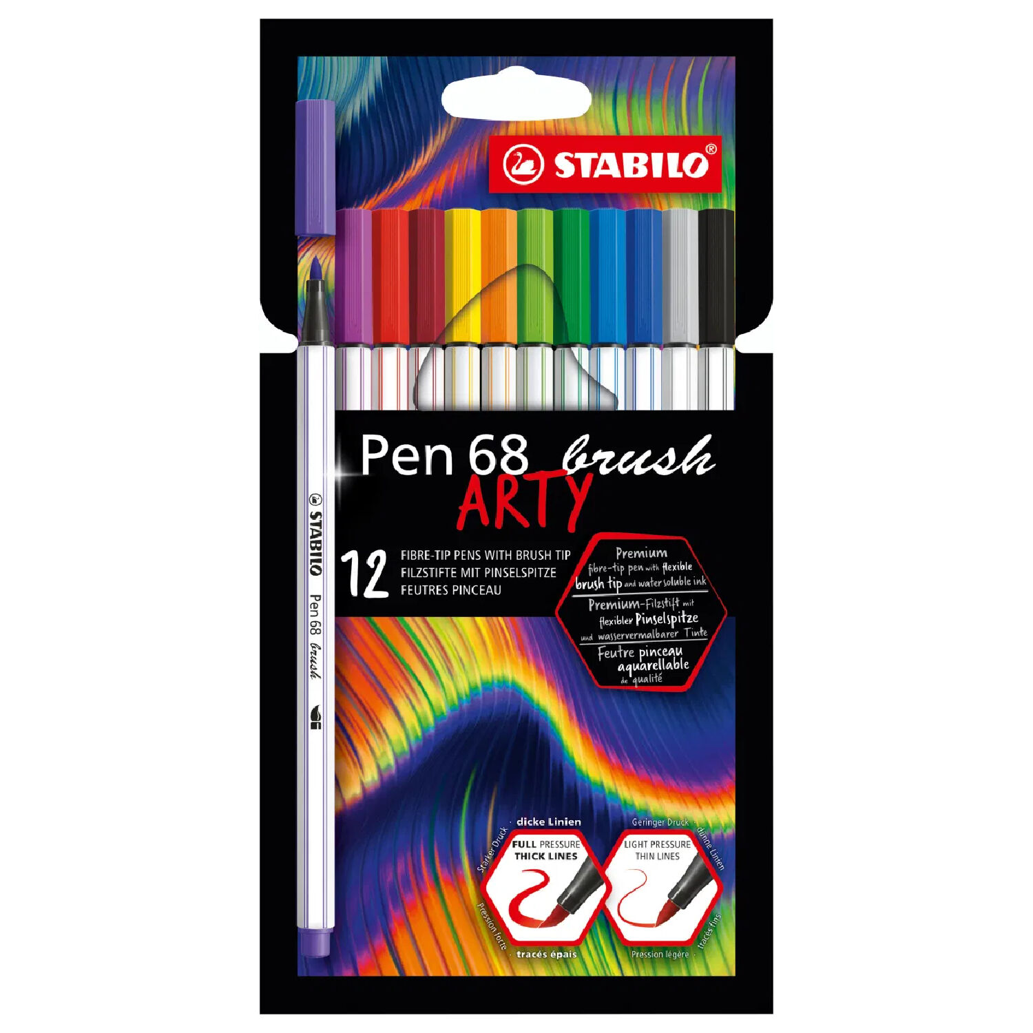 STABILO Brush Pen 68, Premium-Filzstift mit Pinselspitze, 12er Kartonetui ARTY