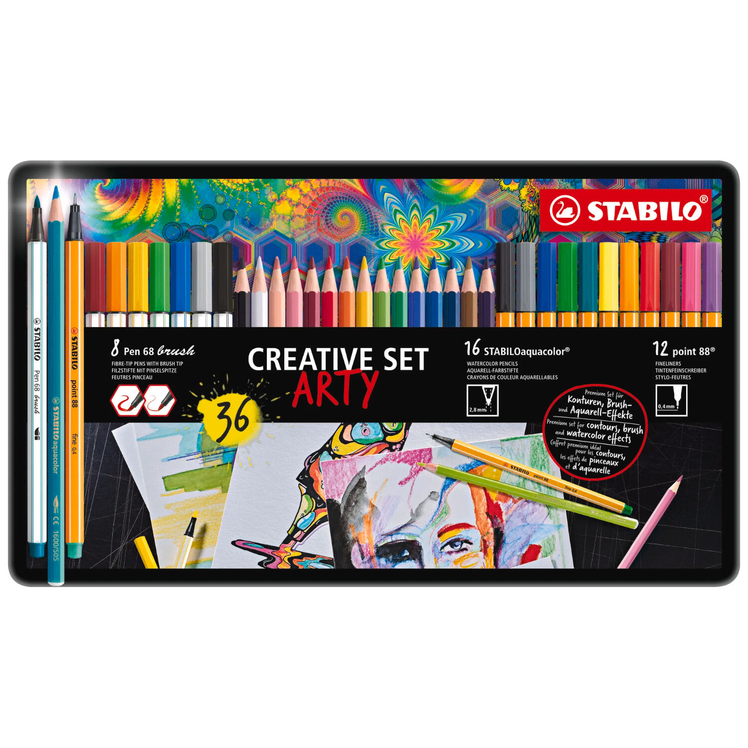 STABILO Creative Set ARTY, Fineliner point 88, Brush Pen 68, Aquarell-Buntstift Aquacolor, 36er Metalletui