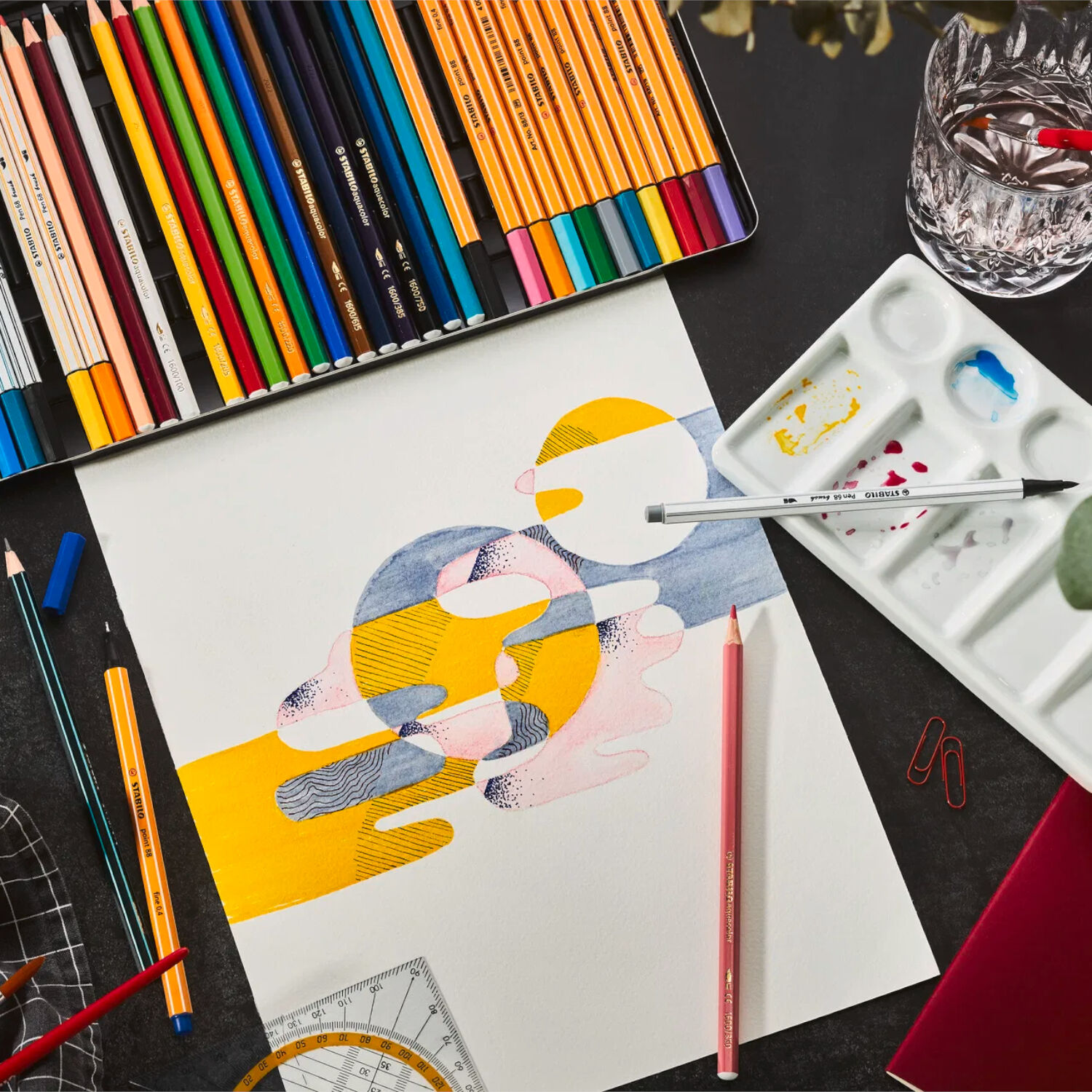 STABILO Creative Set ARTY, Fineliner point 88, Brush Pen 68, Aquarell-Buntstift Aquacolor, 36er Metalletui Bild 3