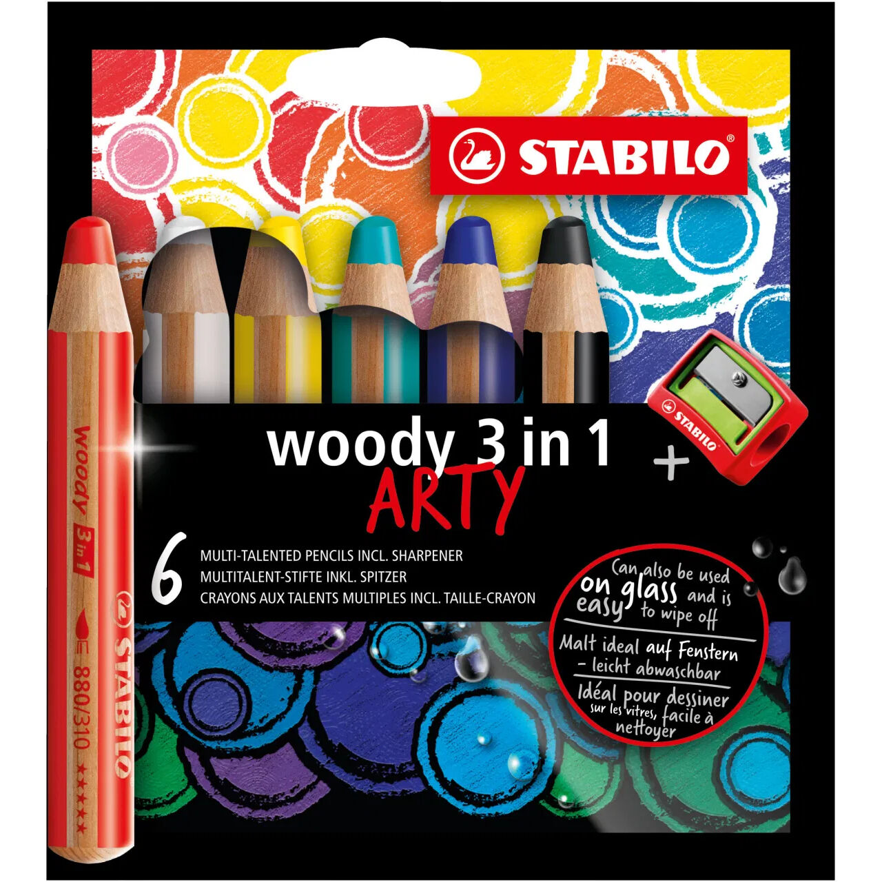 STABILO woody 3 in 1: Buntstift / Wasserfarbe / Wachsmalstift, 6er Etui ARTY mit Spitzer