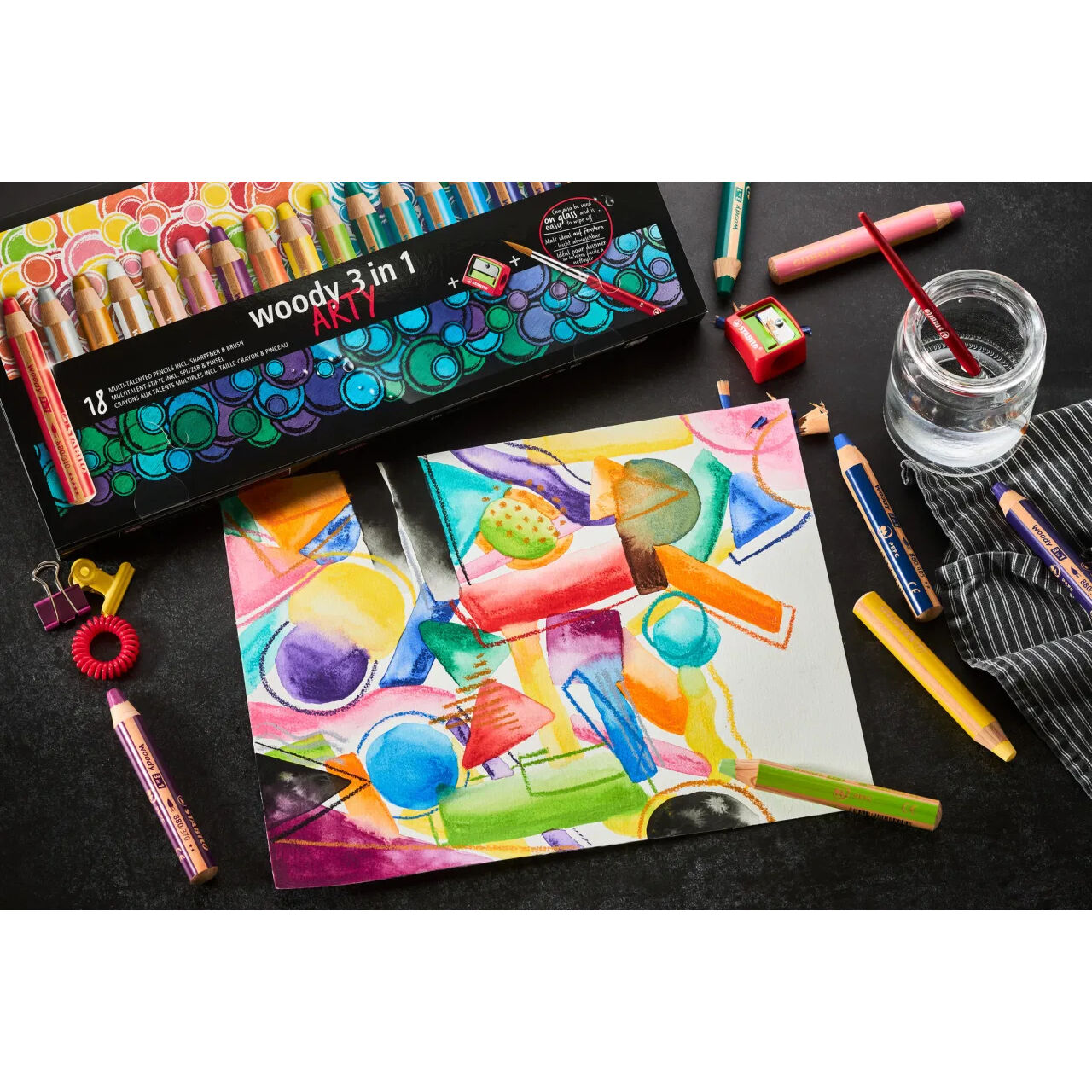 STABILO woody 3 in 1: Buntstift / Wasserfarbe / Wachsmalstift, 6er Etui ARTY mit Spitzer Bild 3