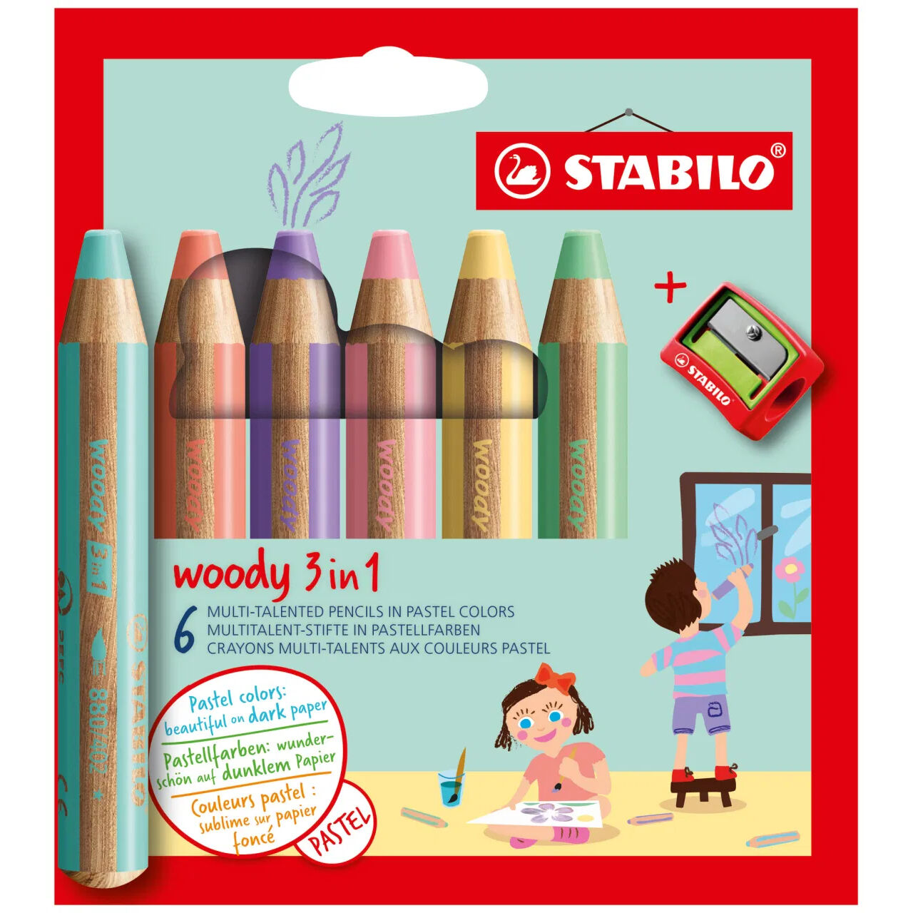 STABILO woody 3 in 1: Buntstift / Wasserfarbe / Wachsmalstift, 6er Etui Pastellfarben mit Spitzer