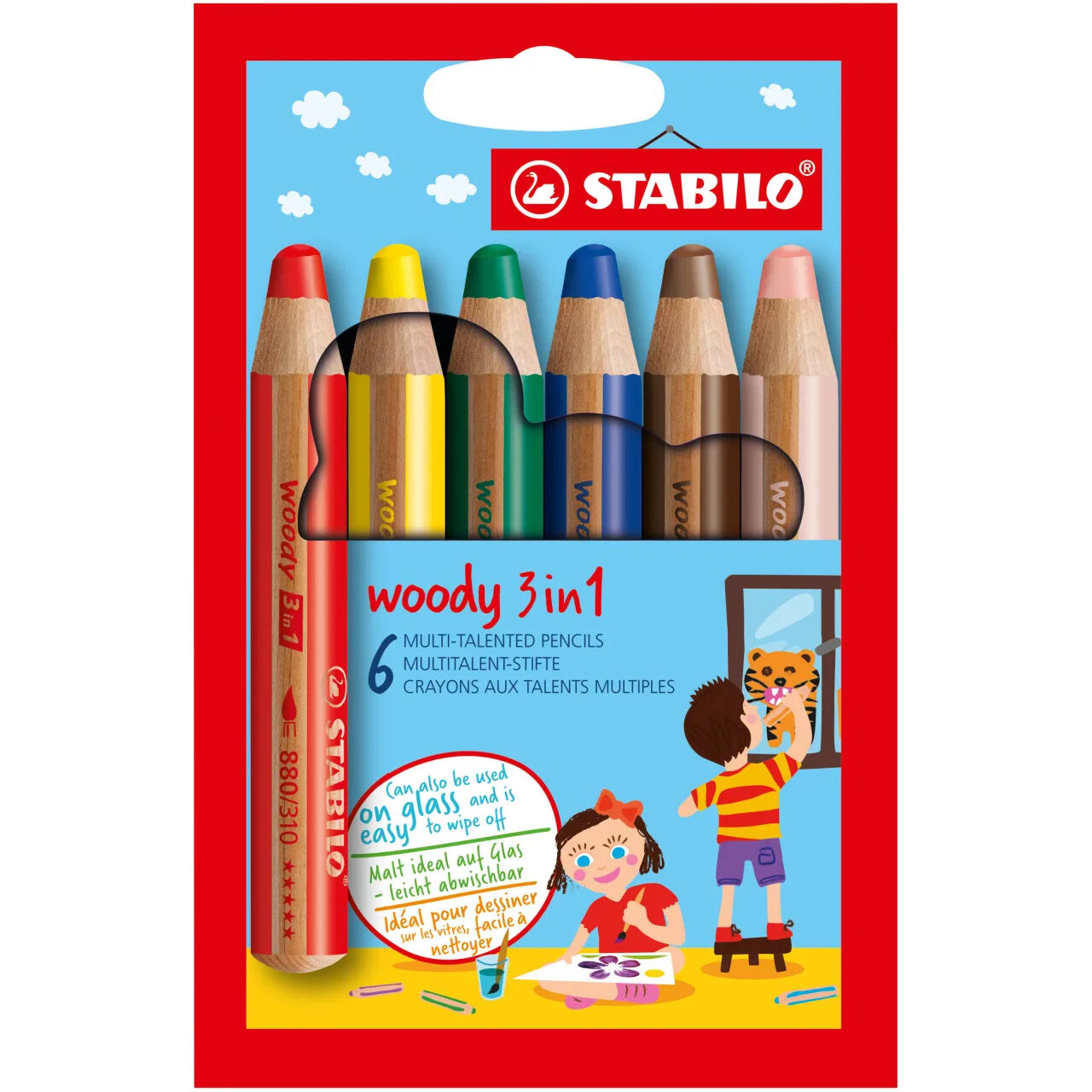 STABILO woody 3 in 1: Buntstift / Wasserfarbe / Wachsmalstift, 6er Etui