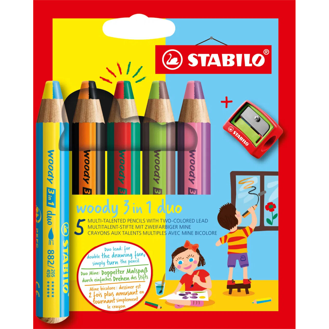 STABILO woody 3 in 1 Duo: Buntstift / Wasserfarbe / Wachsmalstift, 5er Etui mit Spitzer