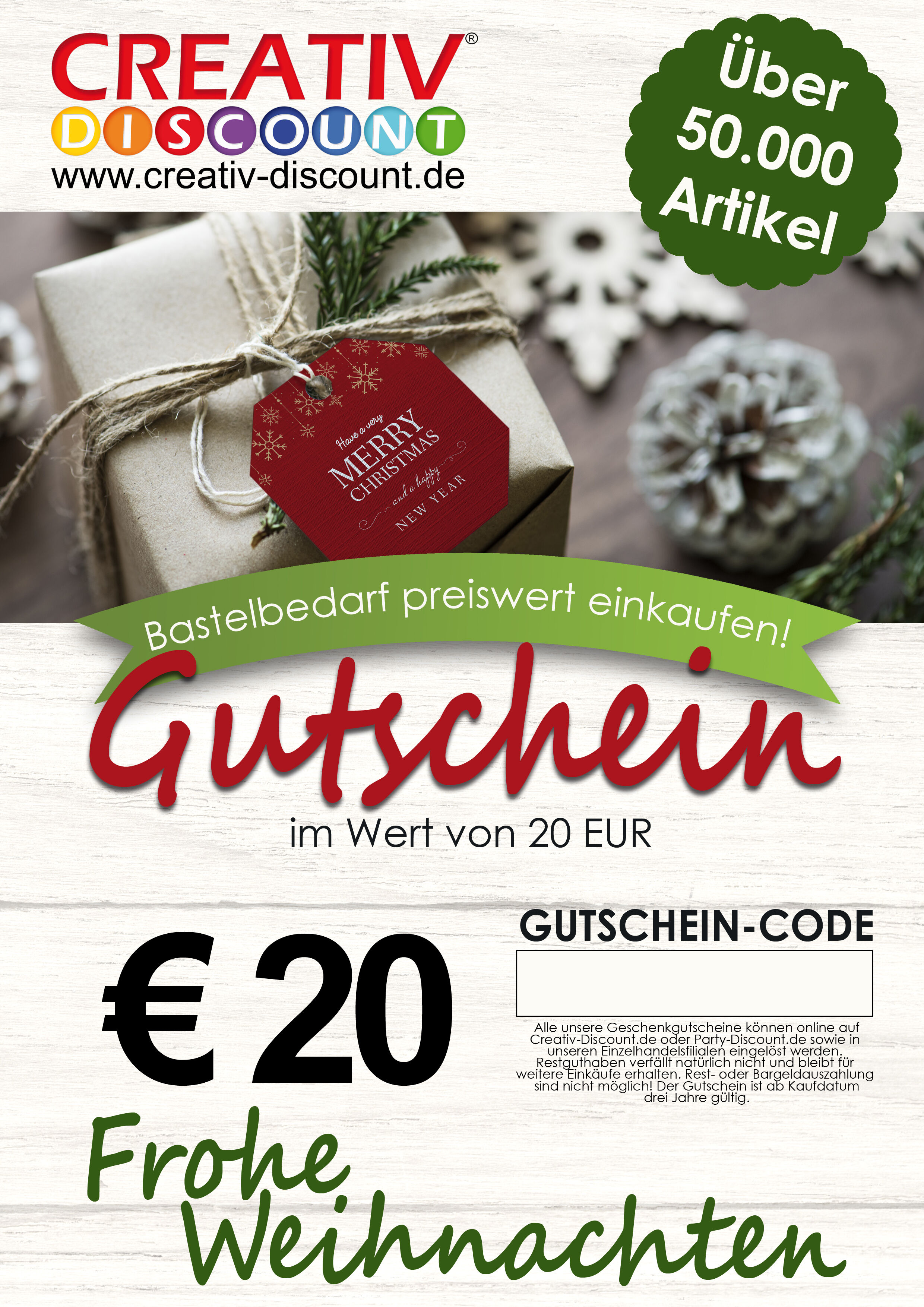 Geschenkgutschein nur ONLINE - Frohe Weihnachten - Wert 20,00 