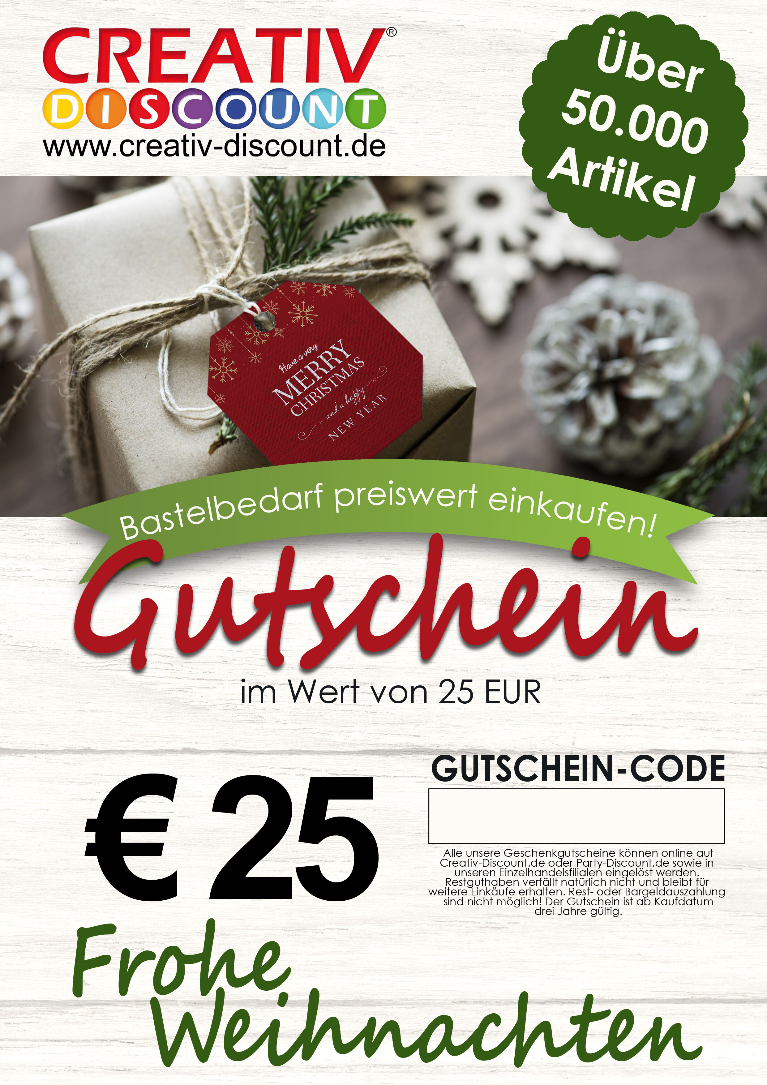 Geschenkgutschein nur ONLINE - Frohe Weihnachten - Wert 25,00 €