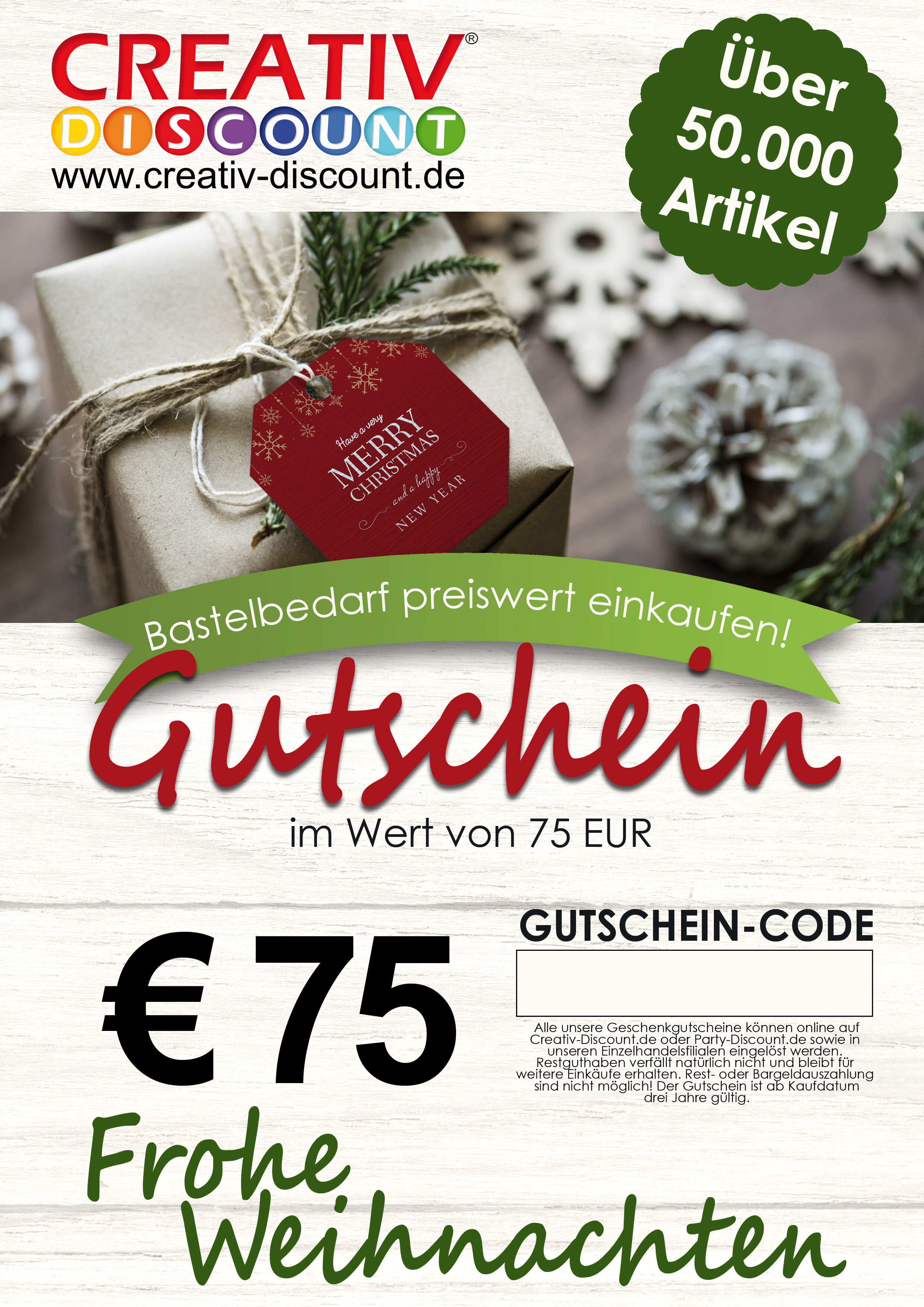 Geschenkgutschein nur ONLINE - Frohe Weihnachten - Wert 75,00 €