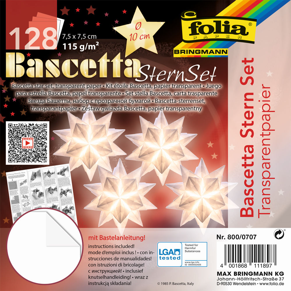 Bascetta-Stern-Set, Transparentpapier 115g/m, 7,5 x 7,5 cm, 128 Blatt, Wei