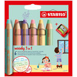 STABILO woody 3 in 1: Buntstift / Wasserfarbe / Wachsmalstift, 6er Etui Pastellfarben mit Spitzer