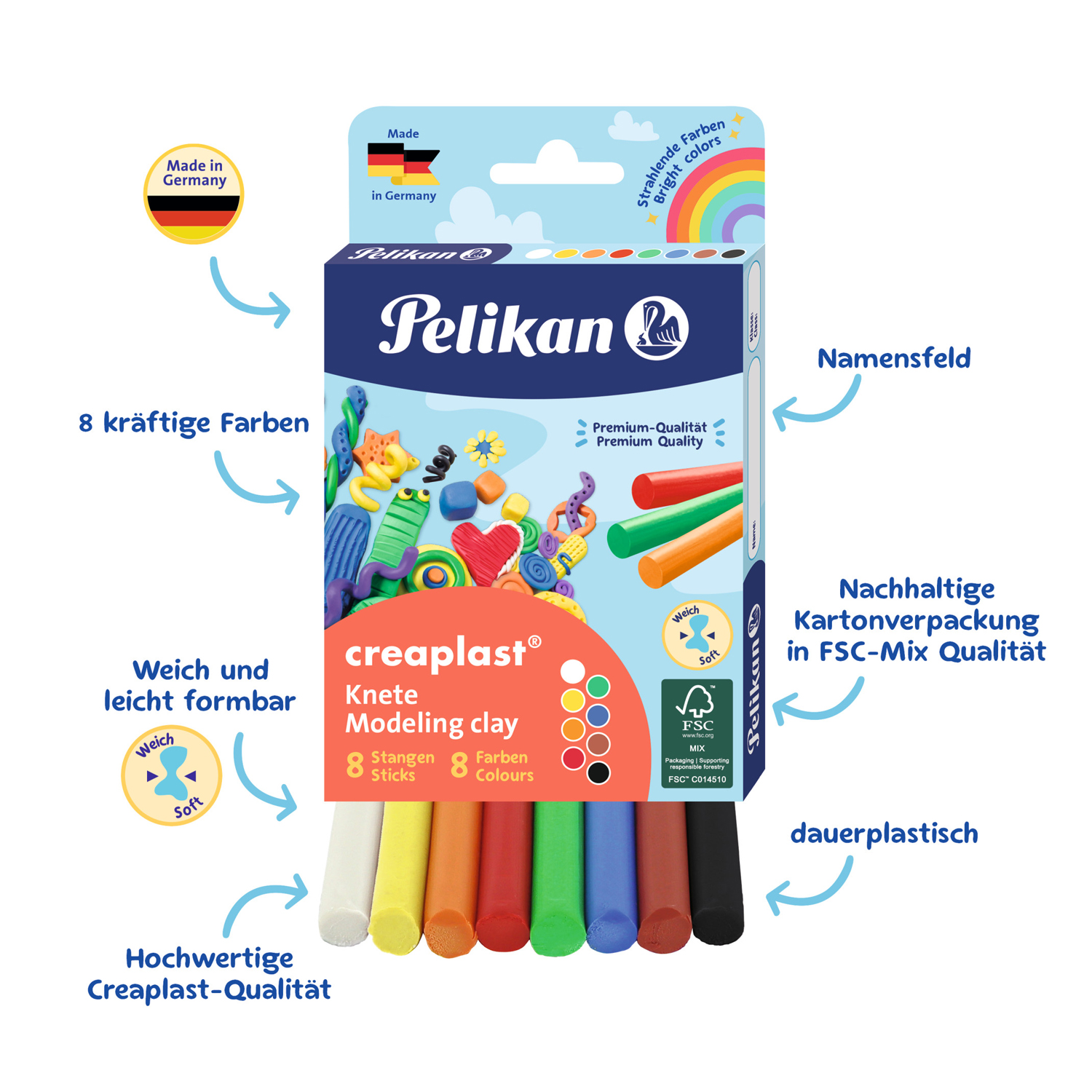 NEU Pelikan Kinderknete Creaplast dauerplastisch, 8 Stangen in der Faltschachtel Bild 4