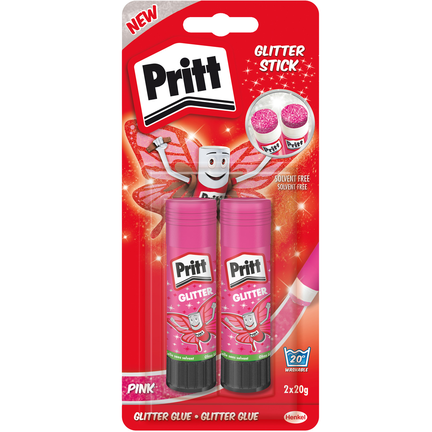 NEU Pritt Klebestifte, Pink mit Glitzereffekt, 20g, Packung mit 2 Stck