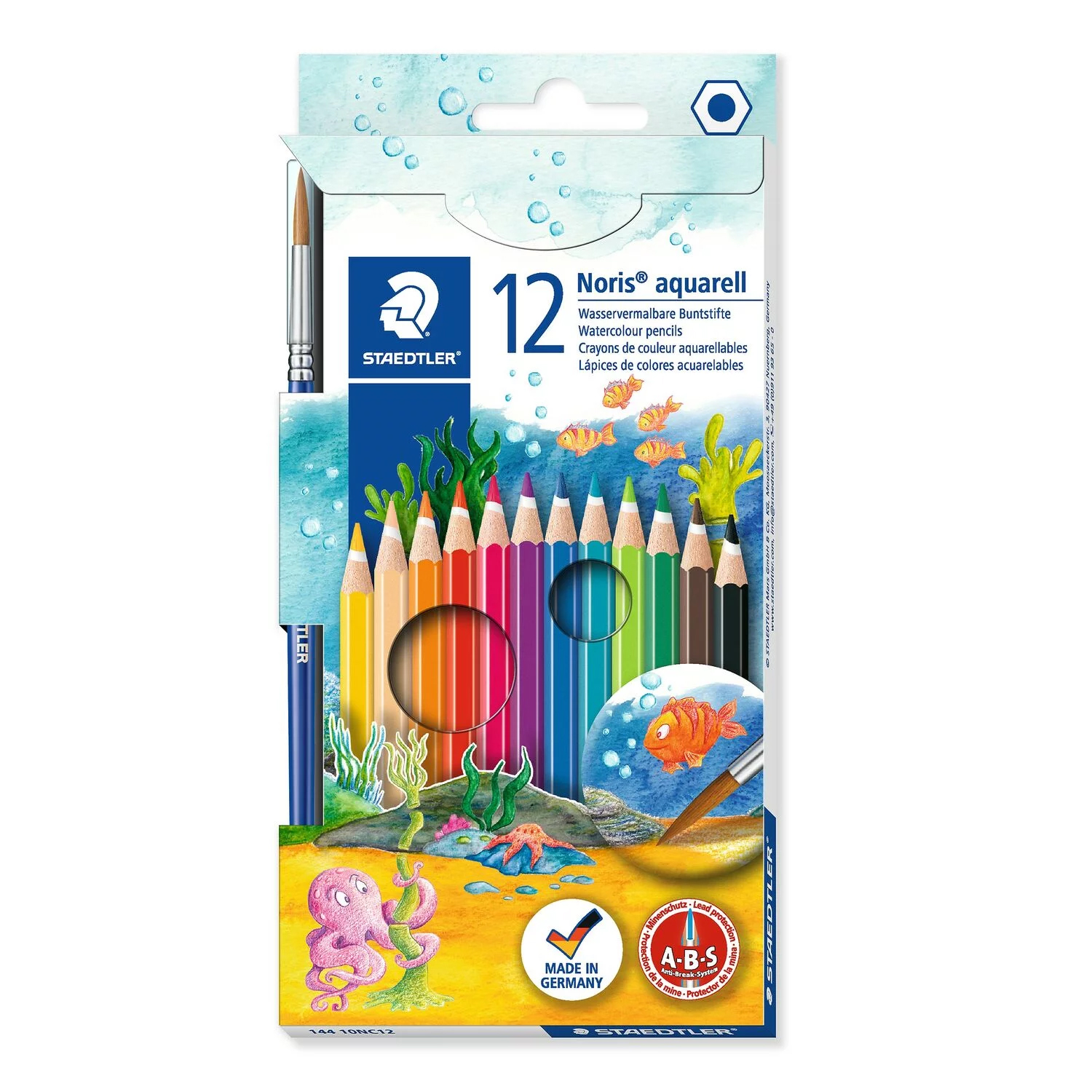 NEU Kartonetui mit 12 Aquarellstiften Noris Aquarell in sortierten Farben und 1 Pinsel