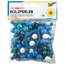 Holzperlen Mix mit B�ndern, blau/t�rkis, 60 g