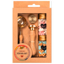 Siegel-Set Pastell Love, Holzgriff mit 2 Siegelmotiven, Schmelzlffel, 2x 54 Siegelwachs-Perlen farbig sortiert