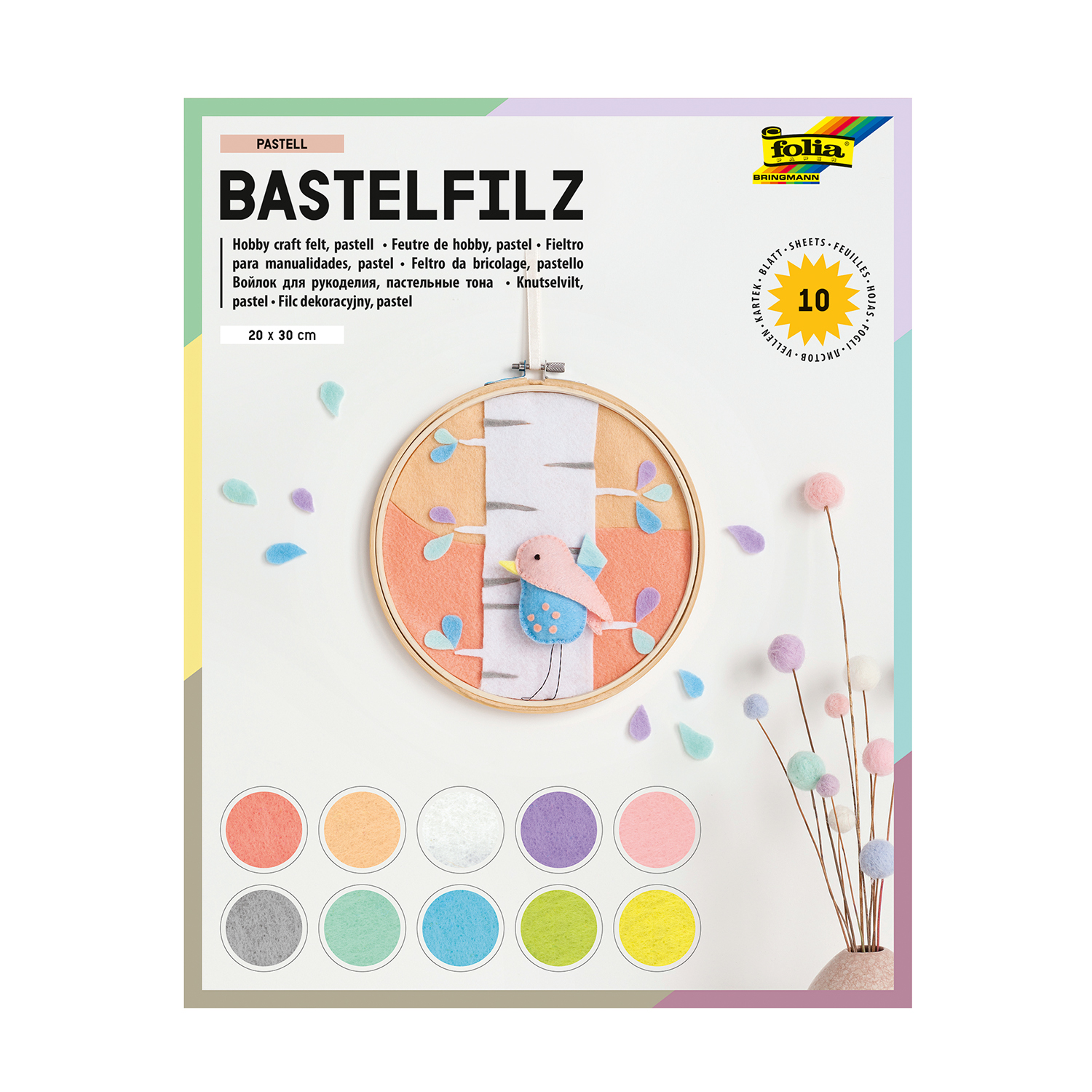 NEU Bastelfilz-Set, Pastellfarben, 10 Bogen, 20 x 30 cm, 150 g/m²