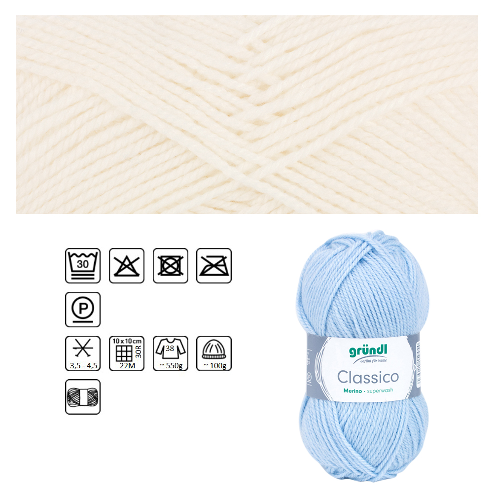 Classico Schurwolle, 50% Merino, 50% Polyacryl, 50g / 120m, Farbe 01, wei